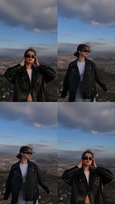 four different shots of a person wearing sunglasses and a leather jacket, standing on top of a hill