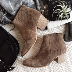 Super Comfortable And Easy To Dress Up Or Go Casual Brown Booties With Suede Lining For Fall, Brown Suede Booties For Fall, Brown Spring Boots With Heel Pull Tab, Brown Boots With Heel Pull Tab For Spring, Spring Brown Boots With Heel Pull Tab, Fall Beige Booties With Stacked Heel, Brown Booties With Stacked Heel For Fall, Brown Heeled Boots With Leather Sole For Spring, Fall Brown Booties With Stacked Heel