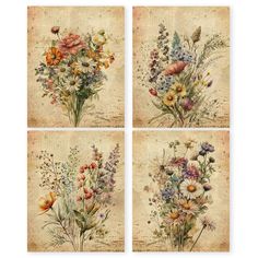 four floral paintings on old paper