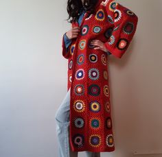 Red Crochet Long Sleeve Outerwear, Vintage Granny Square Outerwear For Spring, Fitted Crochet Cotton Outerwear, Red Crochet Cardigan For Spring, Trendy Crochet Long Sleeve Outerwear, Trendy Handmade Long Sleeve Outerwear, Red Bohemian Crochet Outerwear, Trendy Crochet Winter Outerwear, Trendy Crochet Outerwear For Winter