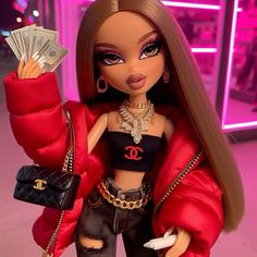 a barbie doll holding money and wearing a red jacket