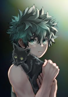 an anime character holding a black cat in his arms and looking at the camera with green eyes