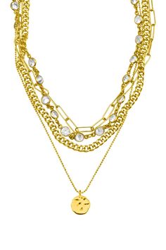 Add on-trend glamour to your outfit with this stylishly layered necklace.- 14K yellow gold plated layered pebbled charm necklace- Lobster clasp- Approx. 15-18" length- Imported 14K yellow gold plated brass, crystal Elegant Gold Crystal Necklaces For Layering, Elegant Gold Crystal Necklace For Layering, Gold Metal Crystal Necklace With Chain, Trendy Layered Gold Jewelry, Trendy Gold Layered Jewelry, Gold Multi-strand Crystal Party Necklaces, Gold Multi-strand Crystal Necklace For Party, Gold Multi-strand Crystal Party Necklace, Gold Crystal Necklace With Delicate Chain For Parties