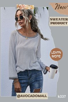 Tee Shirt Long, Crew Neck Sweaters, Long Sleeve Sweaters, Party School, Slouchy Sweater, Casual Stripes, Long Sleeve Tee Shirts, Shirt Long Sleeve, Striped Tee