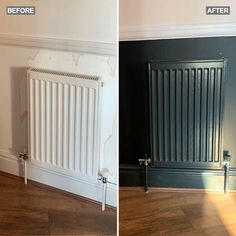 before and after images of a radiator installed in an empty room