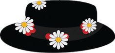 a black hat with white and red flowers on it