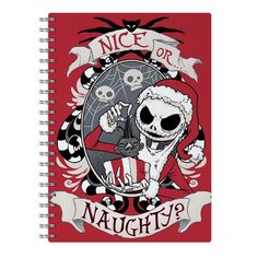 a spiral notebook with an image of a skeleton holding a knife and wearing a santa hat