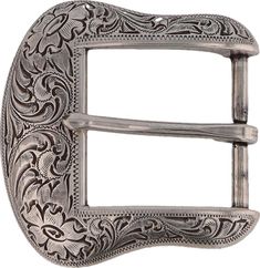 a silver buckle with an ornate design on the front and side, is shown against a white background