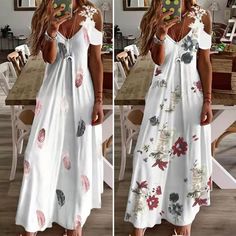 Fashion Feather Print Lace Camisole Loose Cutout A Line Maxi Dress Casual V-neck Boho Print Sundress, Casual V-neck Sundress With Boho Print, White Boho Print V-neck Maxi Dress, Casual Boho Print V-neck Sundress, Casual Printed Boho Dress For Day Out, White Printed Boho Dress For Summer, Casual Boho Maxi Dress For Brunch, Casual Maxi Length Boho Dress For Brunch, White V-neck Printed Sundress