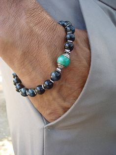 Men's Spiritual Healing Protection Wisdom Tibetan Mens Accessories Bracelet, Om Bracelet, Green Tiger Eye, Tibetan Bracelet, Silver Caps, Beads Bracelet Design, Mens Beaded Bracelets, Elegant Bracelet, Minimalist Bracelet