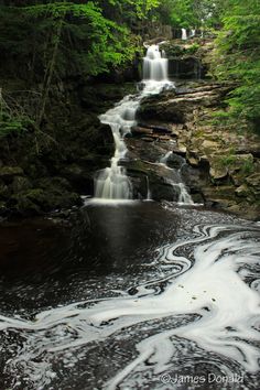 a small waterfall in the middle of a forest