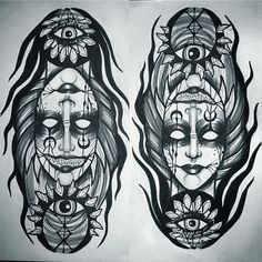 two drawings of faces with different designs on them