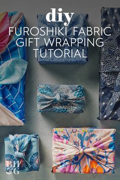 four different types of scarves are shown with the text, diy furoshiki fabric gift wrapping