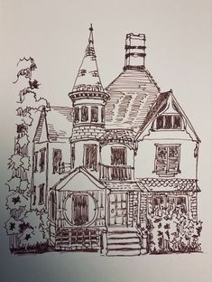 a drawing of a house with a clock tower