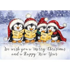 three penguins are singing christmas carols in front of a snow covered background with the words, we wish you a merry christmas and a happy new year