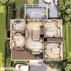 an aerial view of a house with three bedroom and two bathroom areas on the first floor