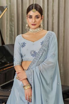 Embroidered Work Beguiling Georgette Fabric Lehenga In Light Cyan Color Embroidery Lehenga, Party Wear Lehenga Choli, Net Lehenga, Anarkali Kurta, Party Wear Lehenga, White Sky, Sky Color, Lehenga Saree, Designer Lehenga Choli