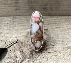 Long Oval Bronze Pink Opal Copper Infused Sterling Silver Statement Ring | Opal Ring | Elegant Ring | October Birthstone by GildedBug on Etsy Boho Rocker, Graduation Rings, Vintage Style Engagement Rings, Ring Elegant, Ring Opal, Statement Ring Silver, Unique Handmade Jewelry, October Birthstone, Elegant Ring