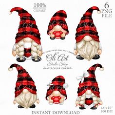 gnomes with red hats and scarves are shown in this digital clipart set