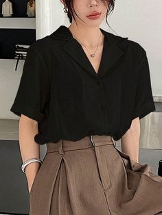 Women's Solid Color Casual Short Sleeve Blouse With Lapel Neck, Teacher Clothes Black Casual  Short Sleeve Woven Fabric Plain Shirt Non-Stretch Summer Women Clothing, size features are:Bust: ,Length: ,Sleeve Length: Forensic Outfit Women, People Wearing Clothes, Women Professional Attire Summer, Cute Simple Outfits For Work, Short Sleeve Office Outfit, Polo Shirts Outfits For Women, Wave Body Type Outfit, Boyish Outfits Summer, Masculine Women Fashion Summer