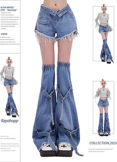 [Brand] Rayohopp   ■ Details   Denim pants set consisting of shorts and leg warmers.  This super cute item will easily give you a Y2K look and is super trendy.  It is easy to use as a single item and can also be easily incorporated into grunge fashion, so we recommend it.   ■ Color    blue / black   ■ Fabric   cotton (80%) / viscose (20%)   ■ Model Size   M / 165cm / 48kg   *There may be individual differences depending on preferences and body type.   ■ Size            Size (cm)        Waist        Total Length        Hip              S        63        twenty five        88              M        67        26        92              L        71        27        96              XL        75        28        100 Leg Warmer Reference, Jeans With Shoelace Belt, Leg Warmers With Crocs, Denim Dress Y2k, Flare Pants Drawing, Cool Clothes Ideas, Pant Ideas For Women, Flared Legwarmers, Leg Warmers Over Jeans