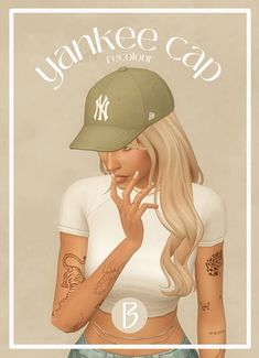 a drawing of a woman wearing a yankees cap and holding her hand to her face