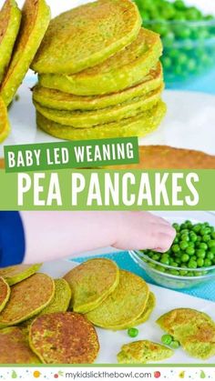 baby led weaning pea pancakes with peas in the foreground and on the background