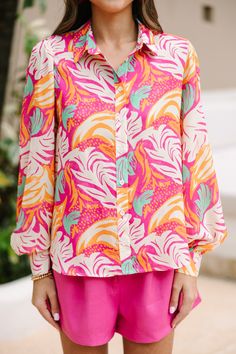 Trust me, you are going to want this button down blouse at your finger tips this spring and summer! That print and those hues are wonderfully bold and bright! You are going to love that this blouse can go from the office to the boardwalk too! Collared neckline Button down front closure Long bubble sleeves Colorful abstract print No stretch Sydney is wearing the small. Colorful Pattern Shirt For Beach In Spring, Trendy Summer Shirt With Vibrant Print, Trendy Vibrant Print Shirt For Summer, Trendy Shirt With Vibrant Print For Summer, Vacation Button-up Shirt With Vibrant Print, Colorful Spring Shirt With Collar, Spring Multicolor Print Collared Blouse, Colorful Spring Collared Shirt, Vibrant Long Sleeve Vacation Blouse