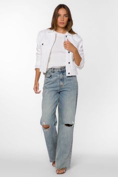 The Larue Optic White Jacket is made from a super soft denim and features a frayed hem. Material: 56% Cotton and 44% Lyocell Machine wash Color: Optic White Model is 5'9" and wearing a size S Imported Heart Clothes, Velvet Heart, White Jacket, Free Giveaway, Denim Jacket, How To Wear, White, Color