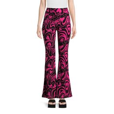 No Boundaries Juniors Heart Print Flare Pants, 32" Inseam Black Pink Elastic Waist 81% Polyester, 10% Spandex, 9% Recycled Polyester New With Tags Smoke/Pet Free Retro Pink Stretch Bottoms, Retro Full-length Pink Pants, Pink Retro Pants, Pink Wide Leg Retro Pants, Retro Fitted Pink Pants, Retro High Waist Pink Pants, Black Bell Bottom, Print Flare Pants, Retro Leggings