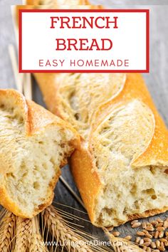 french bread is cut in half and sitting on a table with wheat sprinkled around it