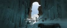 people are walking through an ice cave