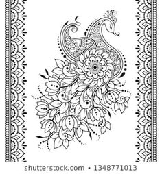 a black and white drawing of a peacock with paisley patterns on it's back