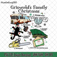 an advertisement for the griswold's family christmas party with various items