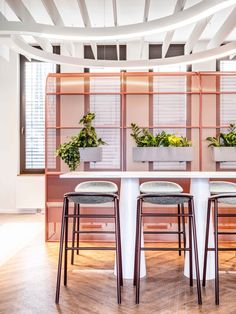 three stools are sitting at a table with potted plants on it