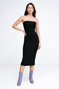 When sleek is spectacular. Our strapless midi Natalia Dress is the versatile LBD you’ve been waiting for, now in an updated no-slip design. Our soft, structured and mid-stretch European ponte fabric lined with soft mesh gives her a smoothing fit, while her sleek silhouette makes Natalia effortless to dress up or down. Wear her to date-night cocktails just as easily as you might to run around the corner—Natalia will go everywhere with you. | Yada, in black, is 5'9" (175 cm) tall, wearing size XS. Elegant Stretch Strapless Midi Dress, Spring Strapless Bodycon Dress For Formal Occasions, Spring Formal Strapless Bodycon Dress, Stretch Midi Dress With Straight Neckline For Evening, Spring Formal Bodycon Strapless Dress, Evening Midi Dress With Straight Neckline And Stretch, Chic Bandeau Bodycon Dress, Sleek Strapless Bodycon Dress For Formal Occasions, Sleek Strapless Bodycon Dress