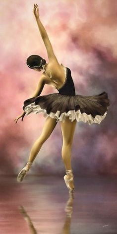 a painting of a ballerina in black and white tutu with her arms outstretched