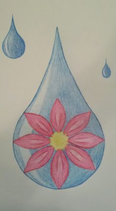 a drawing of a water drop with a pink flower in the center and two drops