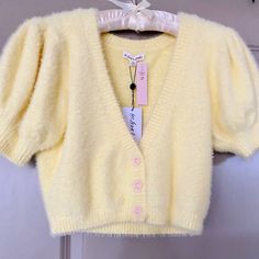 For Love And Lemons Cardigan Chic Yellow Winter Cardigan, Cute Yellow Sweater For Fall, Cute Yellow Fall Sweater, Chic Yellow Winter Top, Chic Yellow Sweater For Spring, Chic Yellow Cardigan For Spring, Yellow Sweater For Day Out In Spring, Yellow V-neck Cardigan For Day Out, Trendy Yellow Spring Cardigan