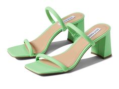 Steve Madden Lilah Sandal - Women's Shoes : Light Green : Be on-trend with the Steve Madden Lilah Sandal. Slip-on styling with straps at the toes and vamp of the foot. Square, open-toe design. Synthetic upper. Lining, insole, and outsole made of leather material. Flared, block heel. Made in Brazil. Measurements: Heel Height: 2 3 4 in Weight: 8 oz Product measurements were taken using size 8, width M. Please note that measurements may vary by size. Weight of footwear is based on a single item, no Steve Madden Lilah, Green Flats Shoes, Homecoming Heels, Bright Colored Heels, Homecoming Shoes, Colored Sandals, Green Sandals, Funky Shoes, Green Heels