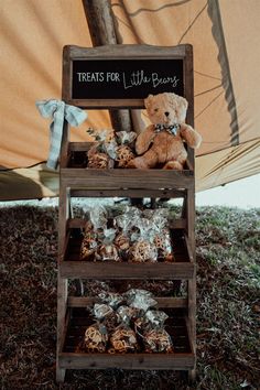 a teddy bear sitting on top of a wooden shelf filled with treats for little boys