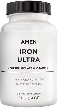 PRICES MAY VARY. Amen Iron Ultra capsule supplement is packed with a potent 65mg of iron per serving (as ferrous sulfate monohydrate). This advanced iron supplement also contains copper, folate, vitamin C, and vitamin B12, to help promote overall vitality, energy, and well-being.* Amen Iron Ultra is convenient with just one capsule per serving and could fit seamlessly into any busy lifestyle. Amen iron pills formula is non-GMO, vegan, dairy-free, gluten-free, and soy-free and suitable for indivi Folate Vitamin, Iron Pills, Ferrous Sulfate, Iron Vitamin, Iron Supplement, Vegan Supplements, Daily Vitamins, Sea Moss, Vitamin B12