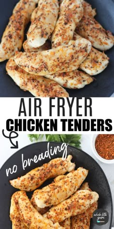 air fryer chicken tenders and no breading on a black plate with text overlay