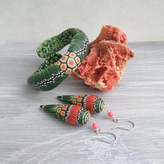 Statement Jewelry, Modern Wavy Bangle And Dangle Earrings, Green Red Unique Red Bangle Jewelry, Artisan Green Bangle Jewelry, Wearable Art Green Bangle Jewelry, Green Bohemian Bangle Jewelry, Bohemian Green Bangle Jewelry, Green Bangle Jewelry For Festivals, Green Bangle Jewelry For Festival, Bohemian Green Jewelry Sets For Gift, Clay Ocean