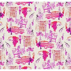 a pink and red pattern on white fabric with an image of people in the background