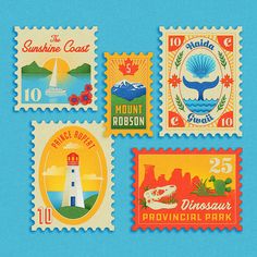 four stamps with different designs on them, including lighthouses and other things in the background