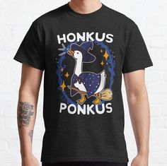 Standard fit with double-needle hems for durability. Solid colors are 100% preshrunk cotton, heather colors are cotton blend. Range of colors available, with the option to print on front or back. Size range S-3XL, suitable for men and women. Funny Goose causing trouble - Honkus Ponkus! Novelty Cotton T-shirt With Custom Print, Custom Print Cotton Novelty T-shirt, Custom Print Cotton T-shirt, Novelty Style, Custom Print Cotton T-shirt, Custom Print Cotton T-shirt In Novelty Style, Themed Cotton T-shirt With Letter Print, Themed Cotton T-shirt As Gift, Themed Cotton T-shirt For Gifts, Themed Cotton T-shirt For Gift