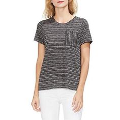 Vince Camuto's Striped T-Shirt With A Patch Pocket Is The Perfect Essential To Keep Your Casual Days Elevated And Comfortable. Hits At Hip; Approx. 23-1/2" Crewneck Patch Pocket At Left Chest Polyester/Rayon/Spandex Machine Washable Imported Web Id: 8082225 Casual Workwear T-shirt With Shirttail Hem, Black Short Sleeve T-shirt With Side Pockets, Black Crew Neck Top With Side Pockets, Black Crew Neck Tops With Pockets, Casual T-shirt With Shirttail Hem For Work, Casual Black Tops With Side Pockets, Relaxed Fit T-shirt With Pockets For Workwear, Relaxed Fit Workwear T-shirt With Pockets, Black Summer Tops With Side Pockets