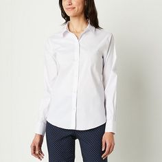 Made from a soft stretch-cotton poplin with Liz Claiborne's Everair technology to keep you cool and dry, this women's button-down shirt is a comfortable style choice for work or a day out with friends. This long-sleeve shirt is cut for a regular-fit, with wrinkle-free properties, and has a classic point collar, button cuffs, and a curved hem for easy layering.Features: Wrinkle Resistant, Stretch FabricClosure Type: ButtonFit: Loose FitNeckline: Collar NeckSleeve Length: Long SleeveSleeve Style: Spread Collar Cotton Tops For Office, Slim Fit Button-up Top For Work, Cotton Office Wear Top With Spread Collar, Cotton Office Tops With Buttons, Classic Stretch Shirt With Button Closure, Classic Stretch Dress Shirt For Workwear, Stretch Cotton Blouse With Button Closure, Wrinkle-resistant Button-up Office Shirt, Wrinkle-resistant Office Button-up Shirt