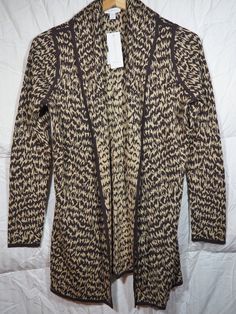 "Item:  Animal print cardigan - brown and gold color. Size:  Small Color(s):  Brown and gold Brand:  Charter Club Fabric:  100% Rayon Length: 29\" (measured from back neckline to bottom of hem) Chest:  38\"  (measured outside of sweater at the armpits, unstretched) Sleeve: 24\"  (measured from shoulder seam area to hem of cuff) More good things about this item:  Very lightweight knit, has belt loops and inside ties, vintage 2000, never worn, still has tags. Please let me know if you have any que Fitted Gold Cardigan For Fall, Cardigan Brown, Gold Colors, Lightweight Cardigan, Gold Branding, Charter Club, Rayon Fabric, Lightweight Knit, Brown Gold